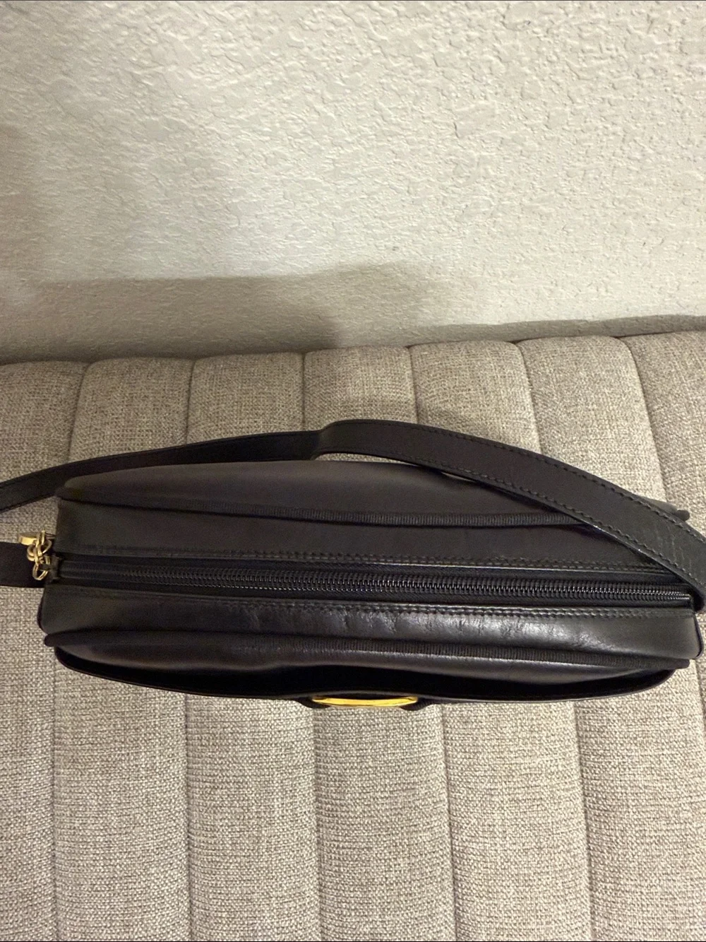Salvatore Ferragamo Black Leather Messenger Bag with Gold Buckle